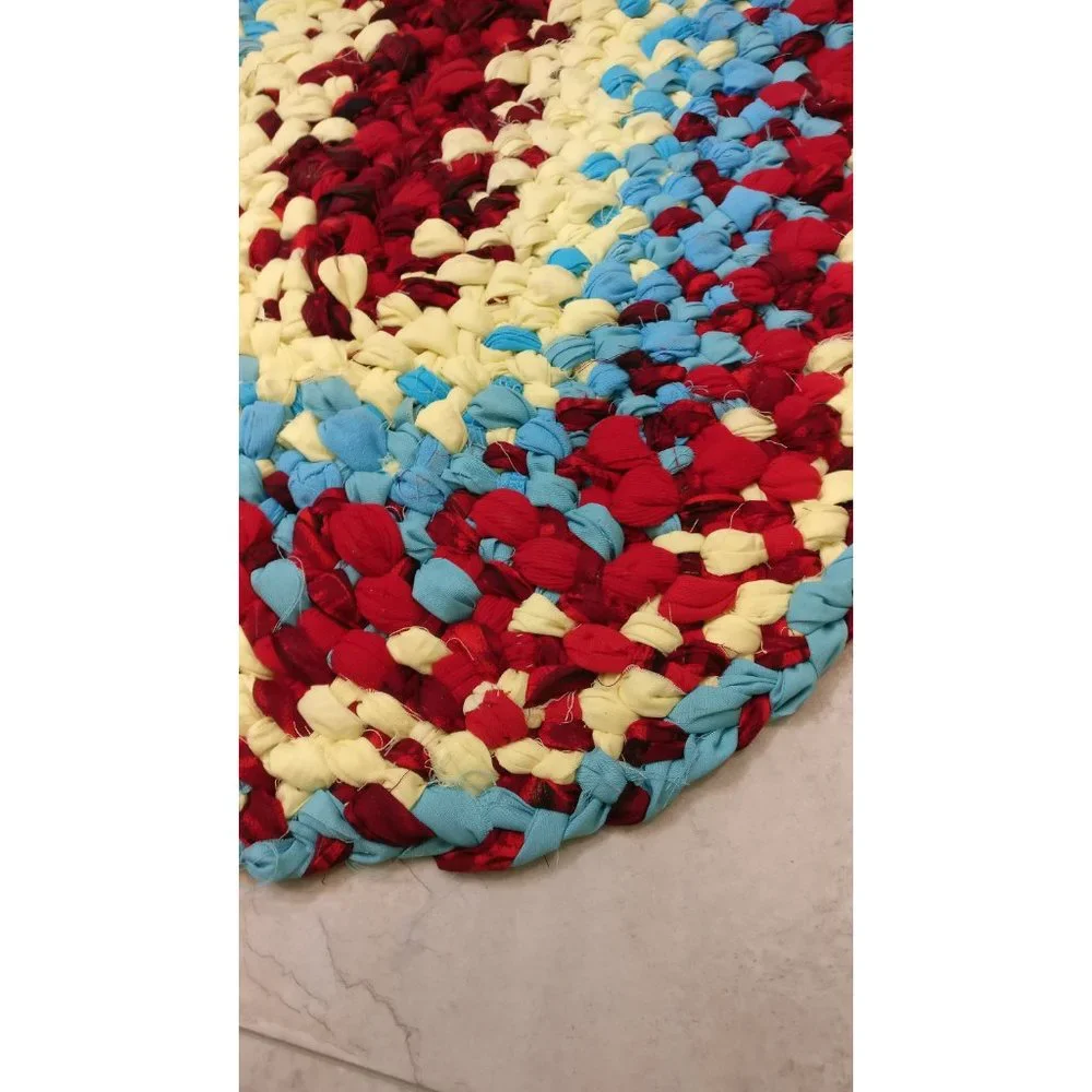 Yellow blue and red woven braided rag rug recycled fabric country farmhouse styl